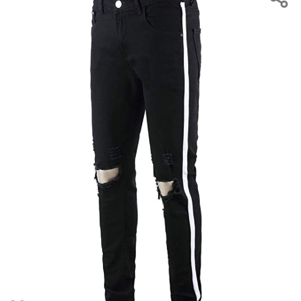 Mens Skinny Slim Black Jeans w White Stripe - Picture 7 of 9